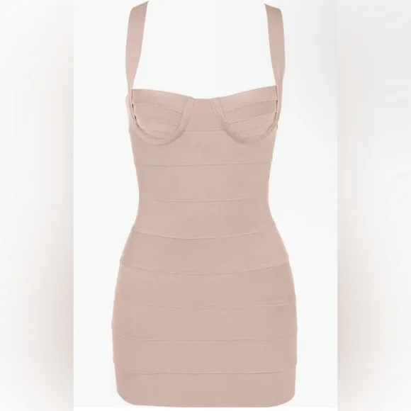 House of CB NWT Maliha Halter Neck Underwire Mini Dress Taupe Beige Bustier - Picture 2 of 6